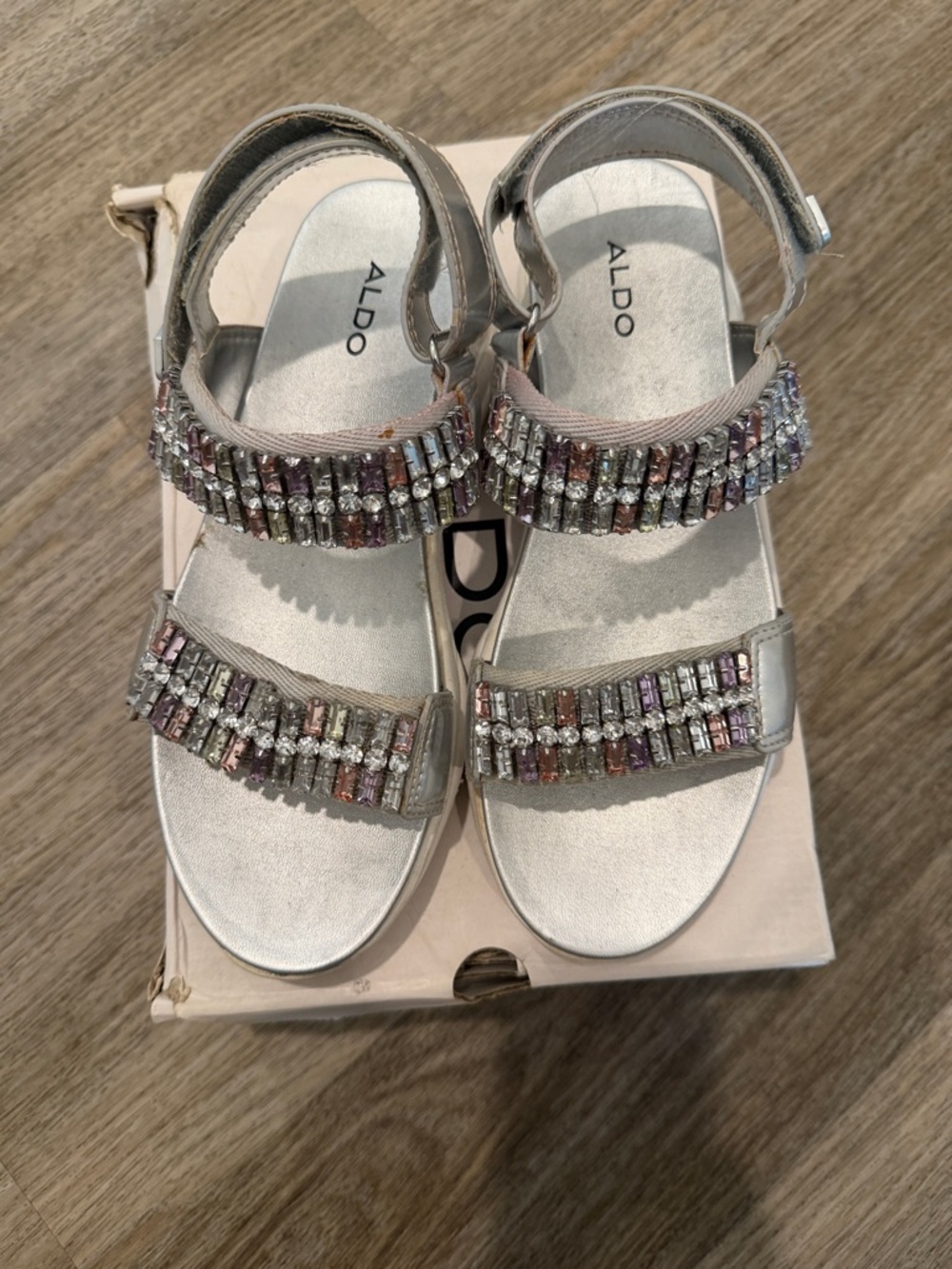 ALDO Silver Sandals with Pastel Multi-Color Beading